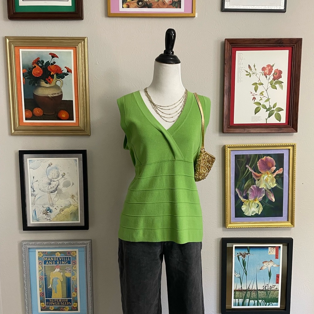 Green Bandage Knit Tank Top Y2K Stretch V Neck - Picture 3 of 7